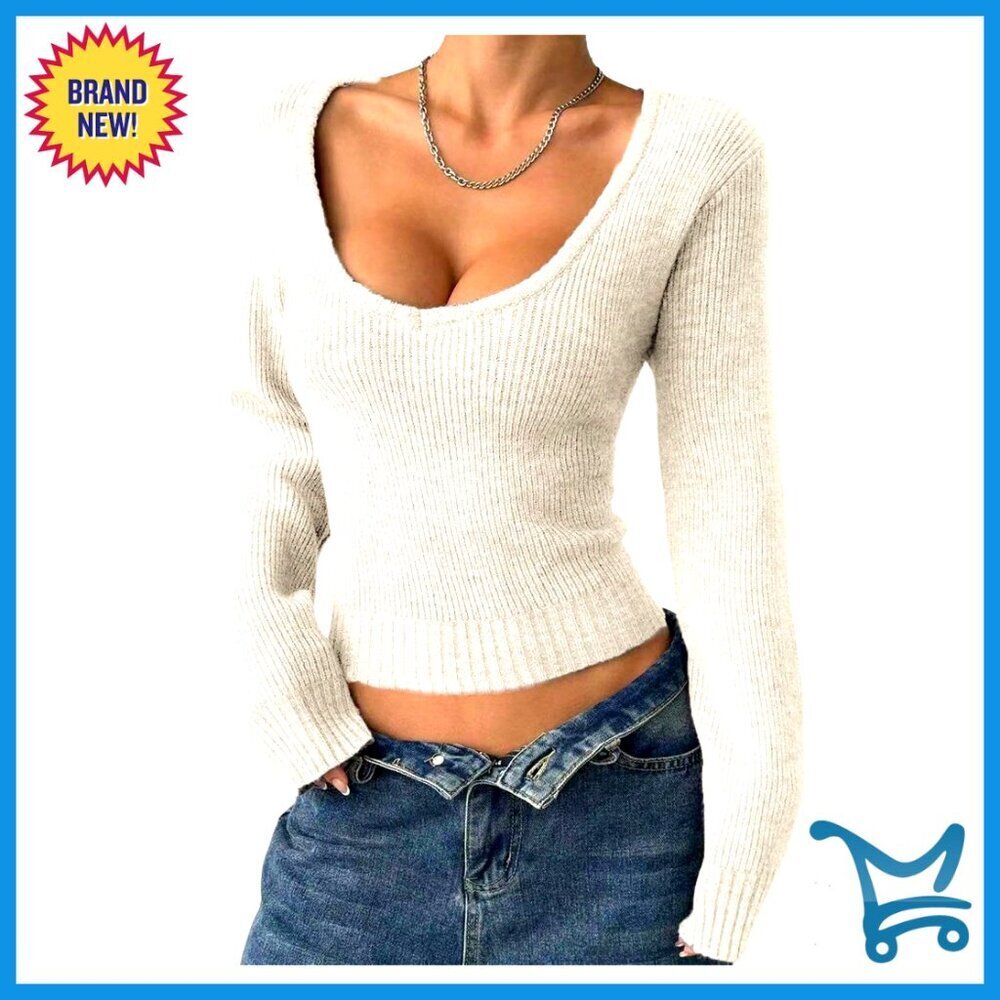 Scoop Neck Cropped Sweater Ribbed Knit Slim Fit Pullover Long Sleeve Y2K Chic